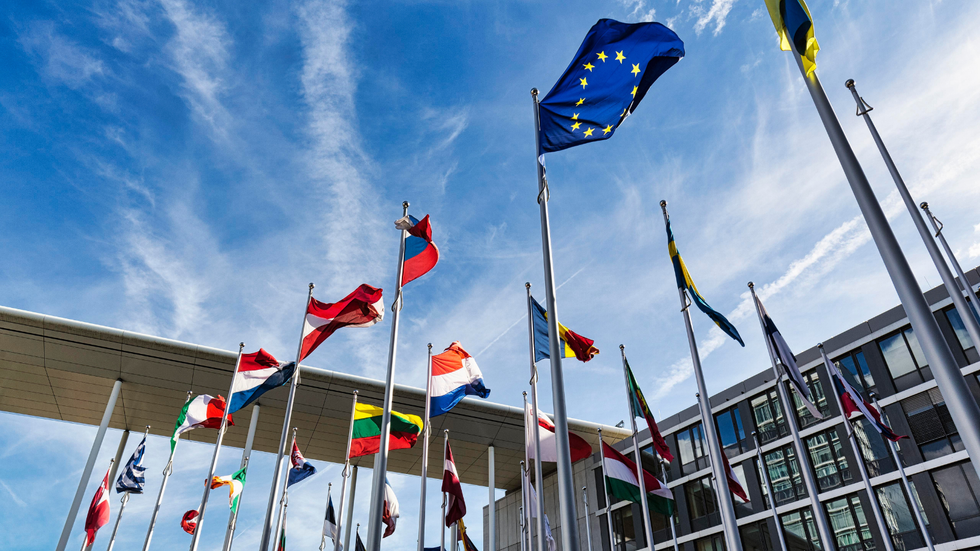 EU member state flags outside the European Parliament