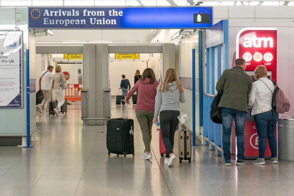 EU, UK, Borders, Passport and European Union signs and inscription in London Stansted STN airport in England