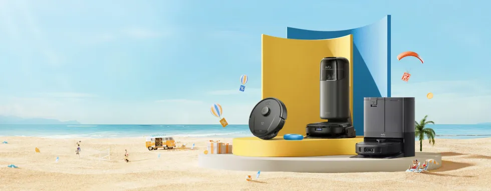 eufy summer sale promotional banner showing robot vacuum cleaners on the beach