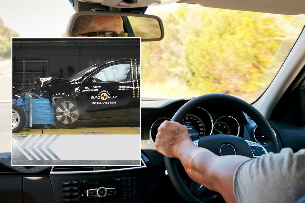 Euro NCAP testing a Tesla Model Y and a man driving a car