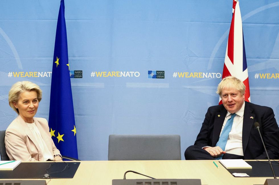 European Commission President Ursula von der Leyen and British Prime Minister Boris Johnson attend a bilateral meeting during a NATO summit to discuss Russia's invasion of Ukraine, at the alliance's headquarters in Brussels, Belgium March 24, 2022. REUTERS/Henry Nicholls/Pool