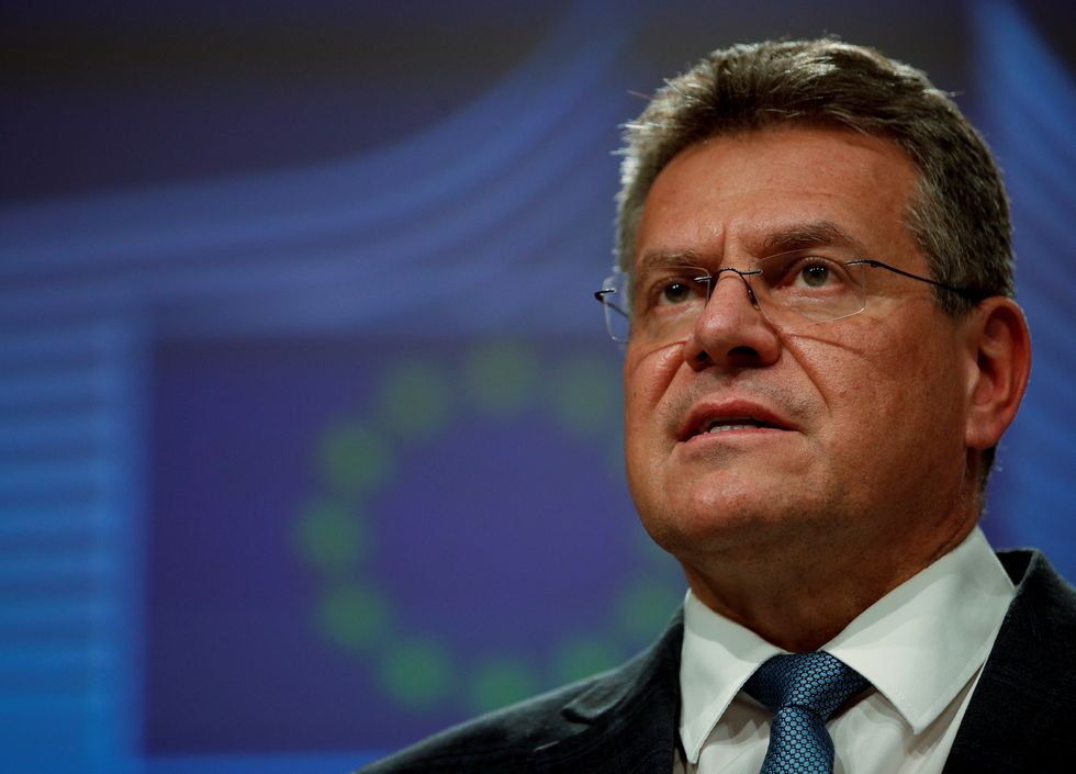 European Commission Vice-President for Interinstitutional Relations Maros Sefcovic speaks during a news conference after a meeting with British Foreign Secretary Liz Truss, in Brussels, Belgium February 21, 2022. REUTERS/Johanna Geron