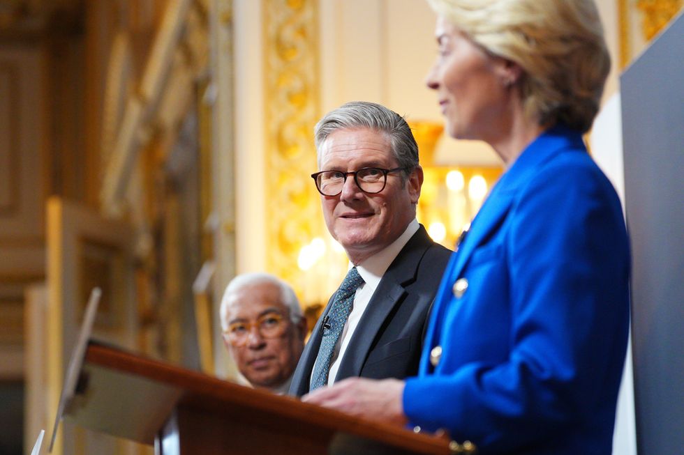 European Council President Antonio Costa, Prime Minister Sir Keir Starmer and President of the European Commission Ursula von der Leyen during a press conference at the end of the UK-EU Summit at Lancaster House
