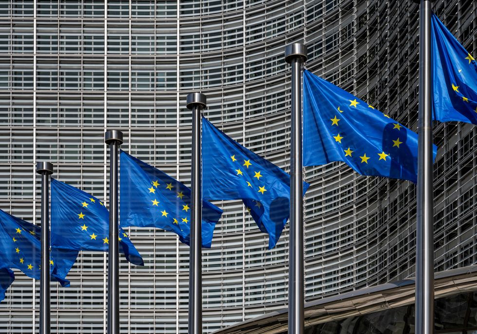 European flags in front of headquarters of European commission in Brussels 