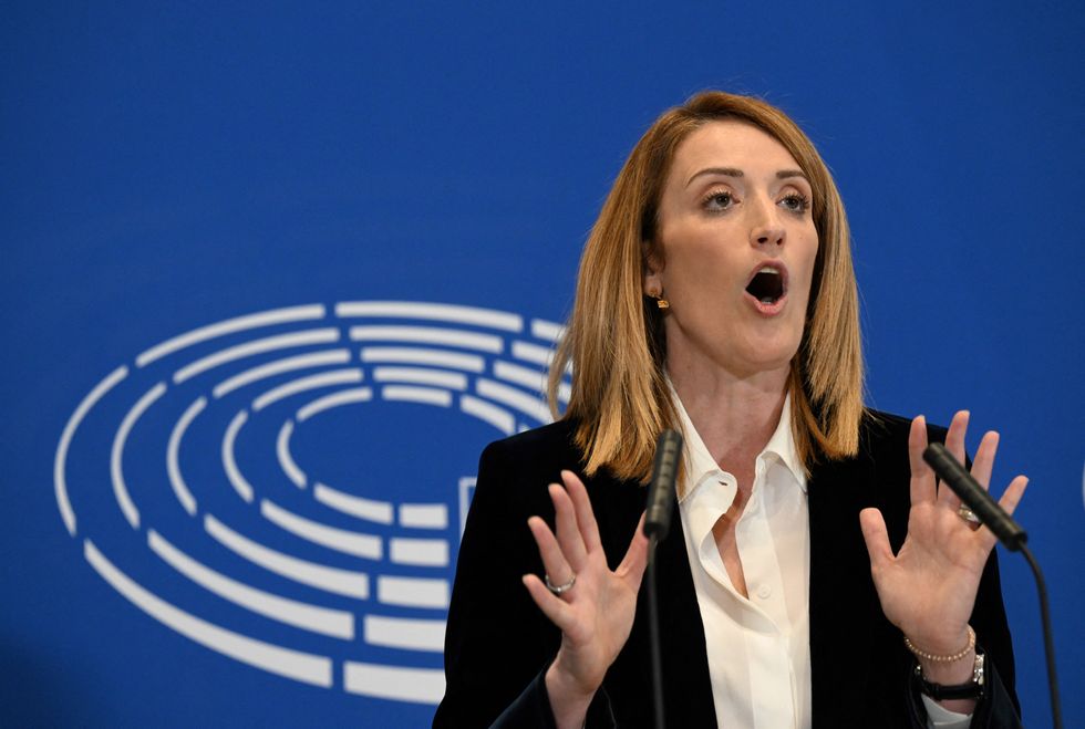 European Parliament President Roberta Metsola participates in a media conference at the European Parliament