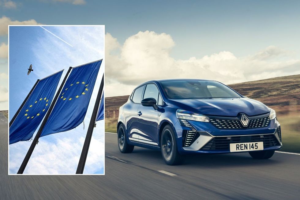 European Union flags and a Renault Clio