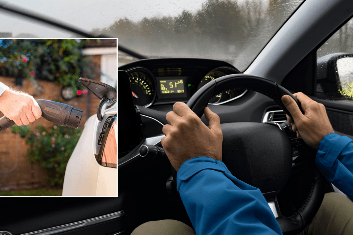 EV charger and driver in car in rain