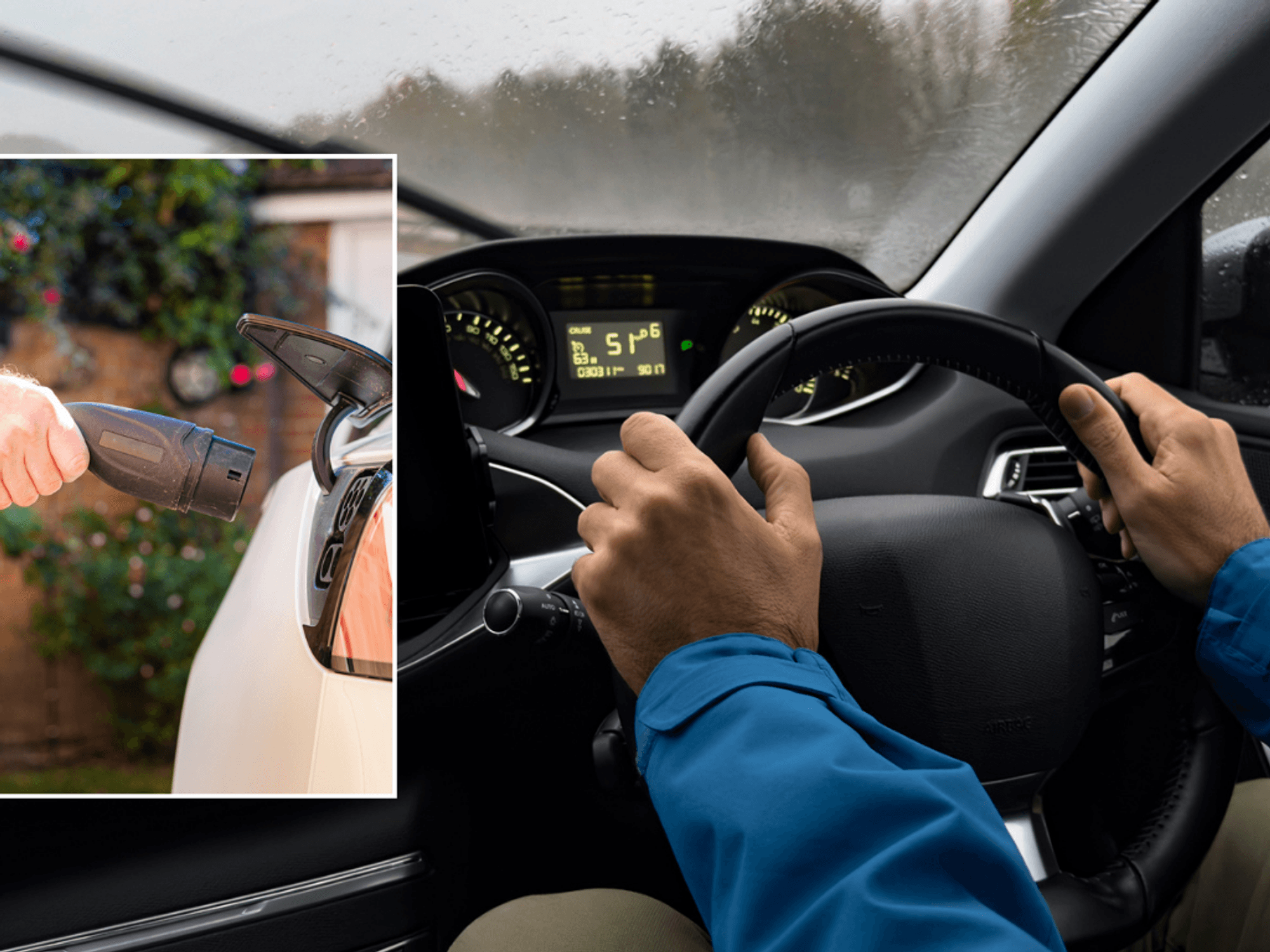 EV charger and driver in car in rain