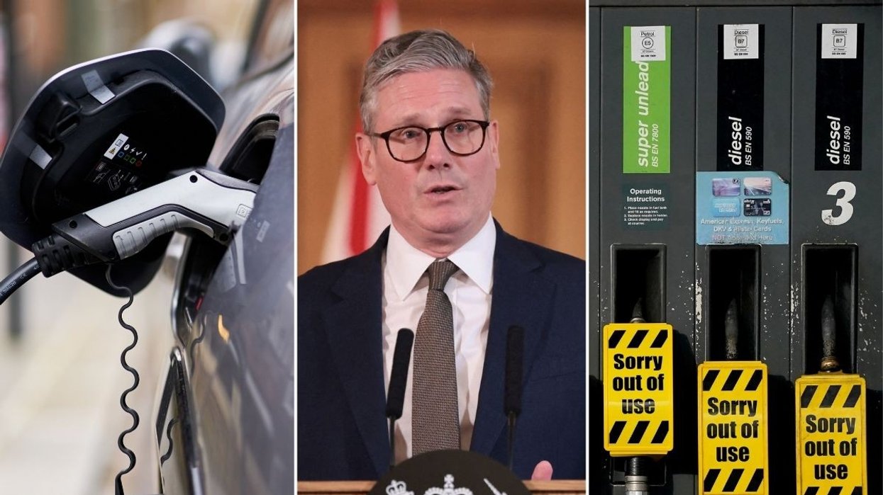 EV charger, Keir Starmer and an empty petrol pump