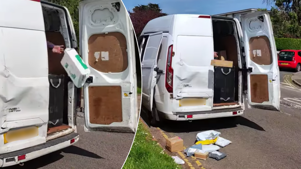Evri driver throwing parcels from van onto ground