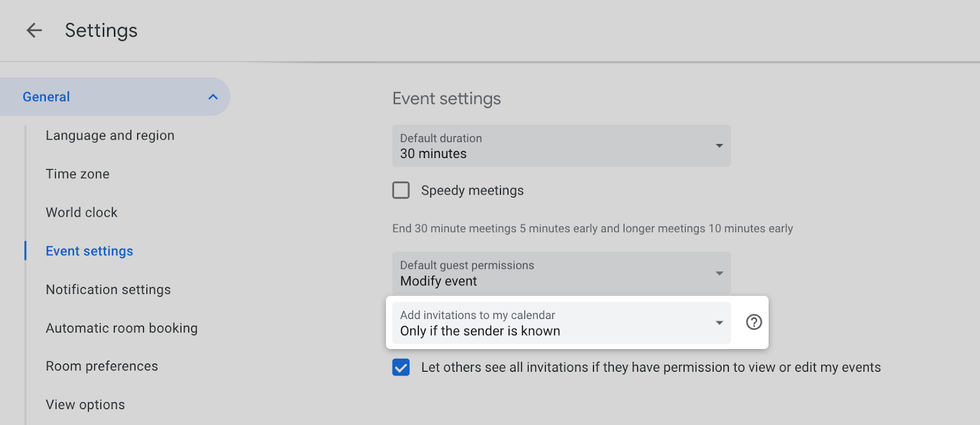 example of google settings so only trusted senders are added to your calendar