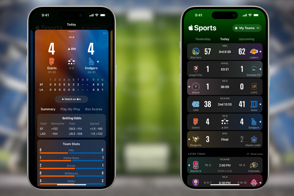 examples of apple sports app shown on an iphone with an out of focus football pitch as the background 
