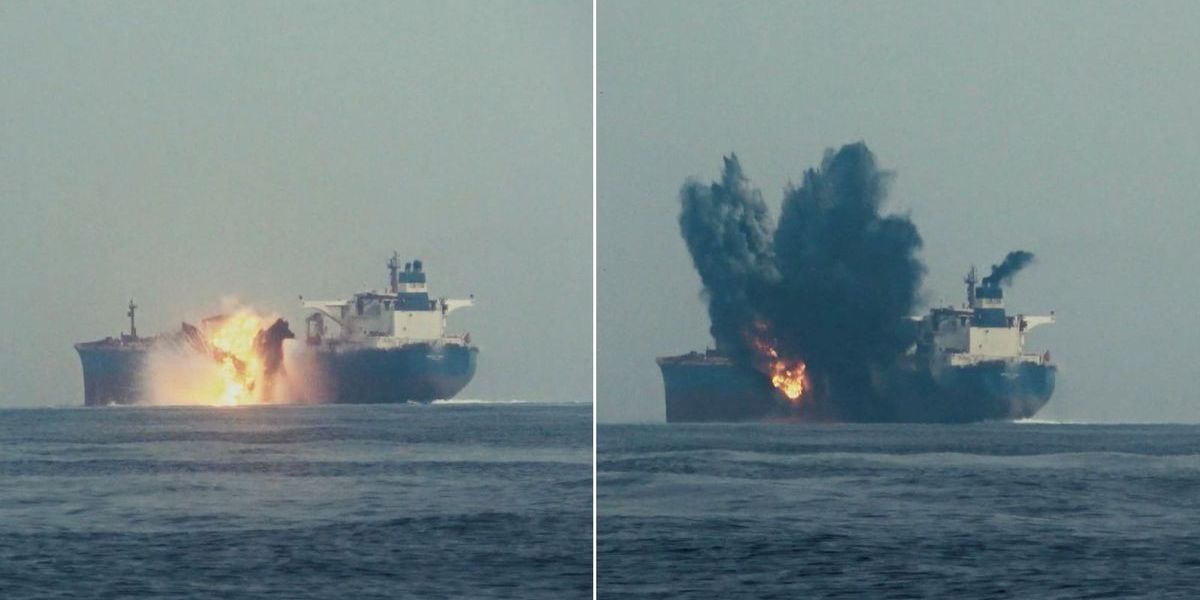 NextImg:Oil tanker guards open fire on Houthi drone boat before explosion engulfs side of boat