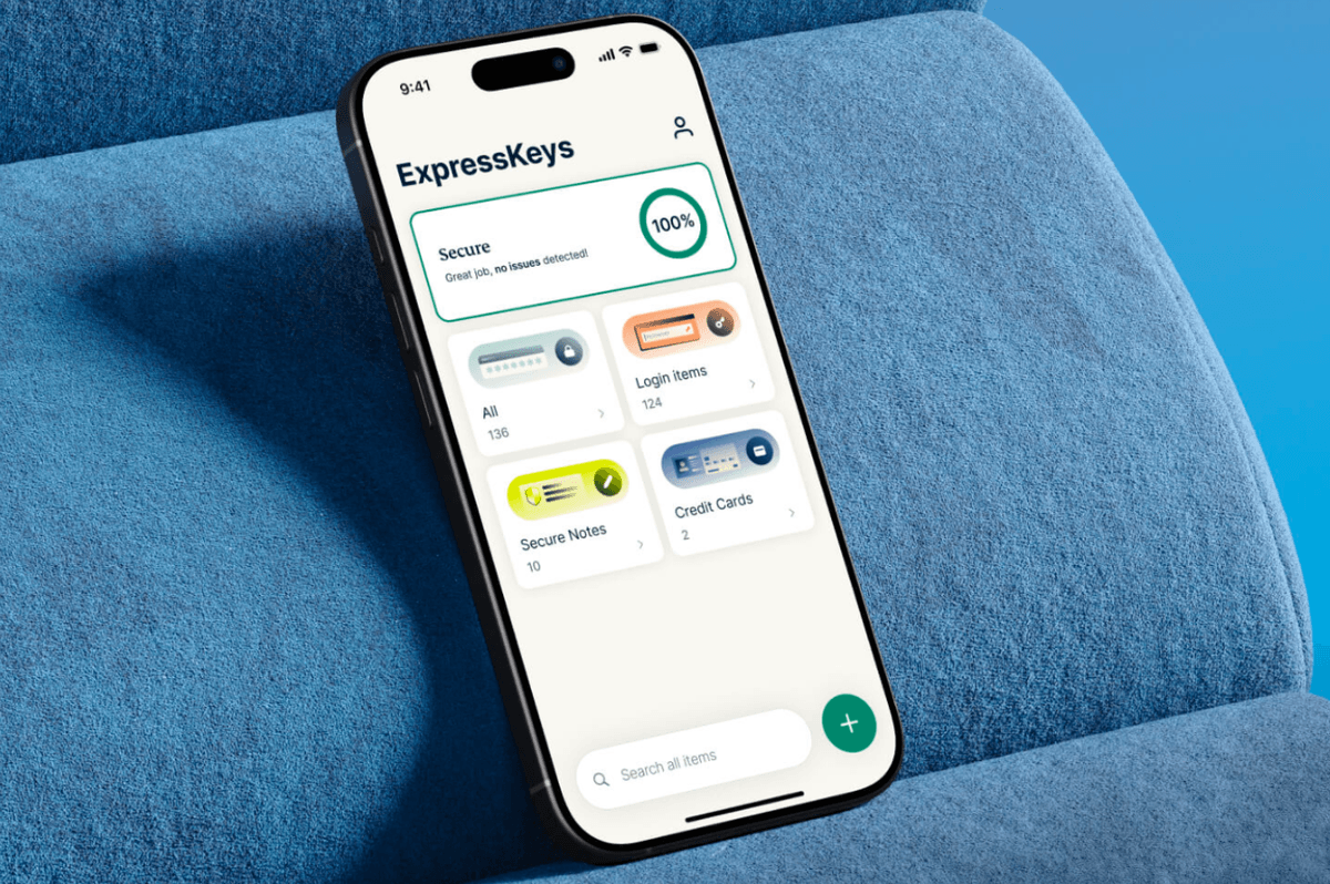 ExpressKeys app pictured on an iPhone resting on a blue sofa