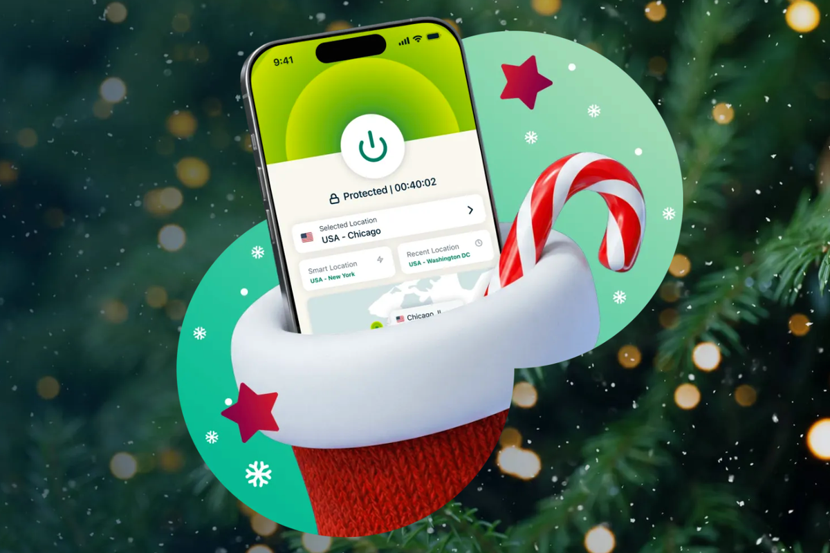 ExpressVPN Christmas Offer shown with a smartphone in a stocking running the ExpressVPN app