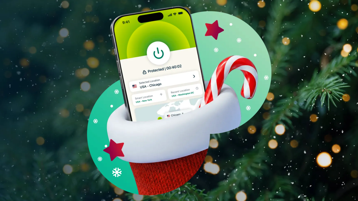 ExpressVPN Christmas Offer shown with a smartphone in a stocking running the ExpressVPN app