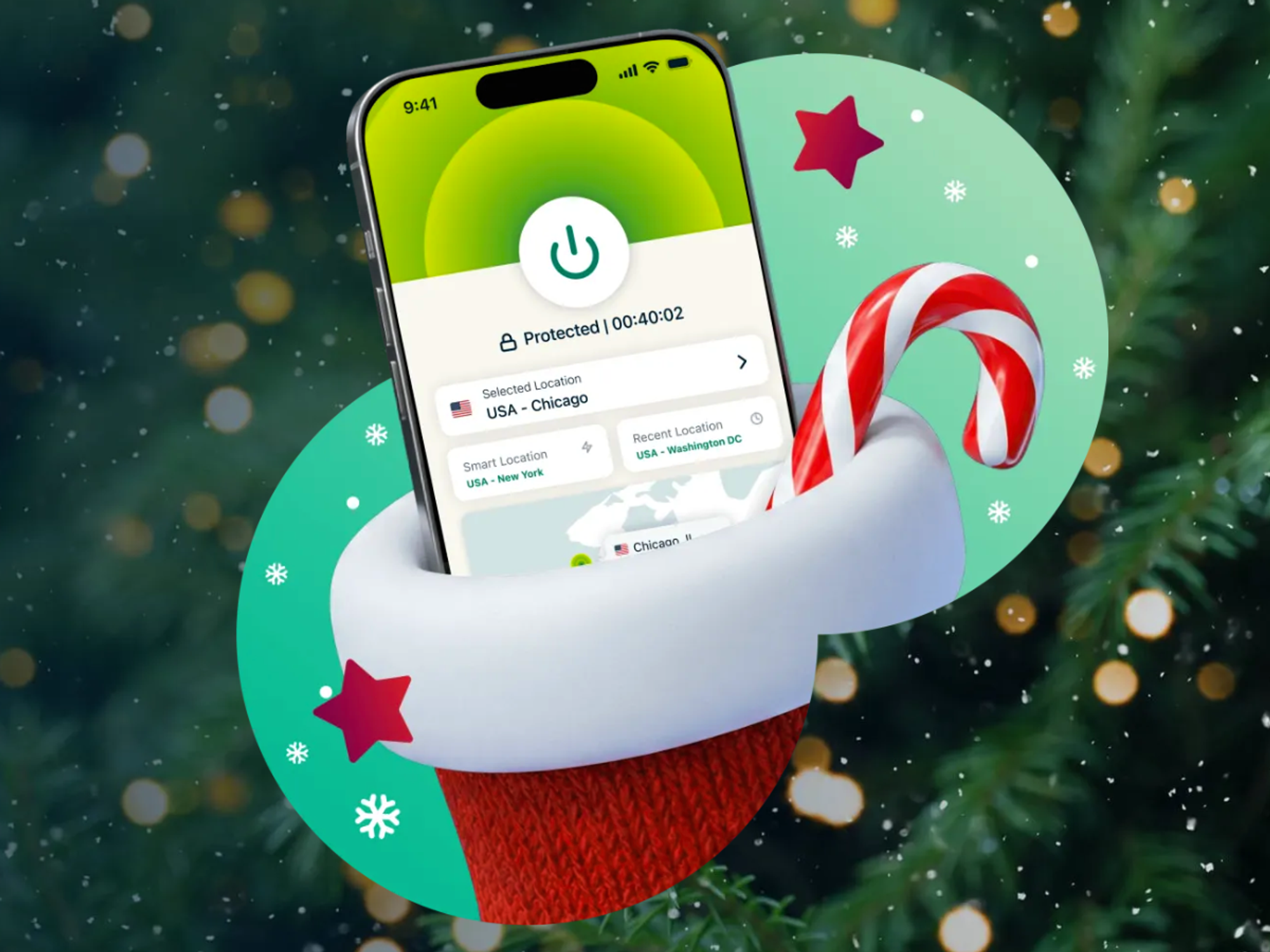 ExpressVPN Christmas Offer shown with a smartphone in a stocking running the ExpressVPN app