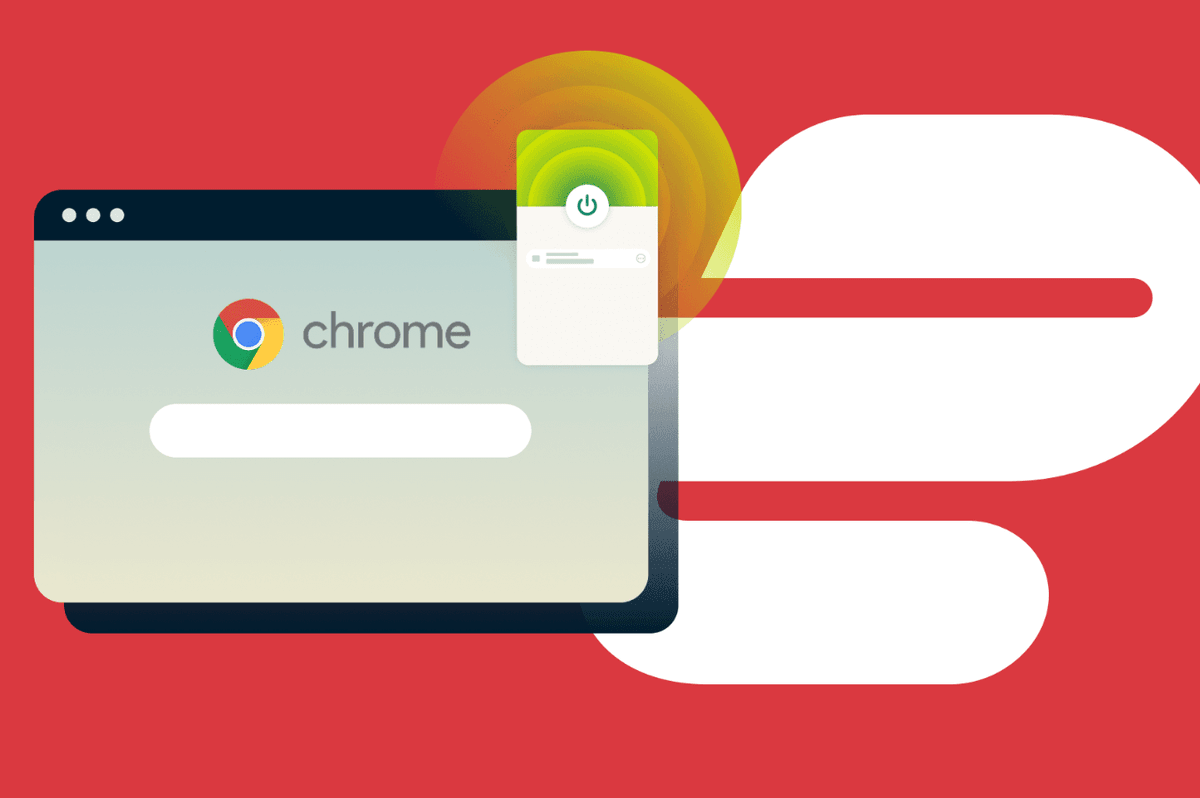 ExpressVPN logo shown behind an illustration of the Chrome web browser