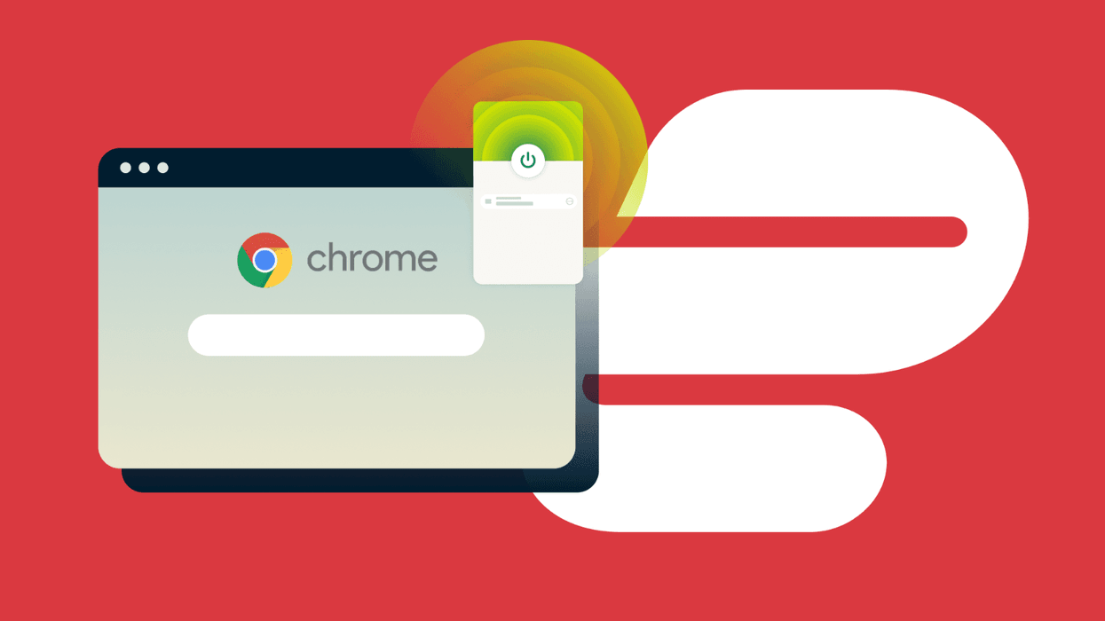 ExpressVPN logo shown behind an illustration of the Chrome web browser