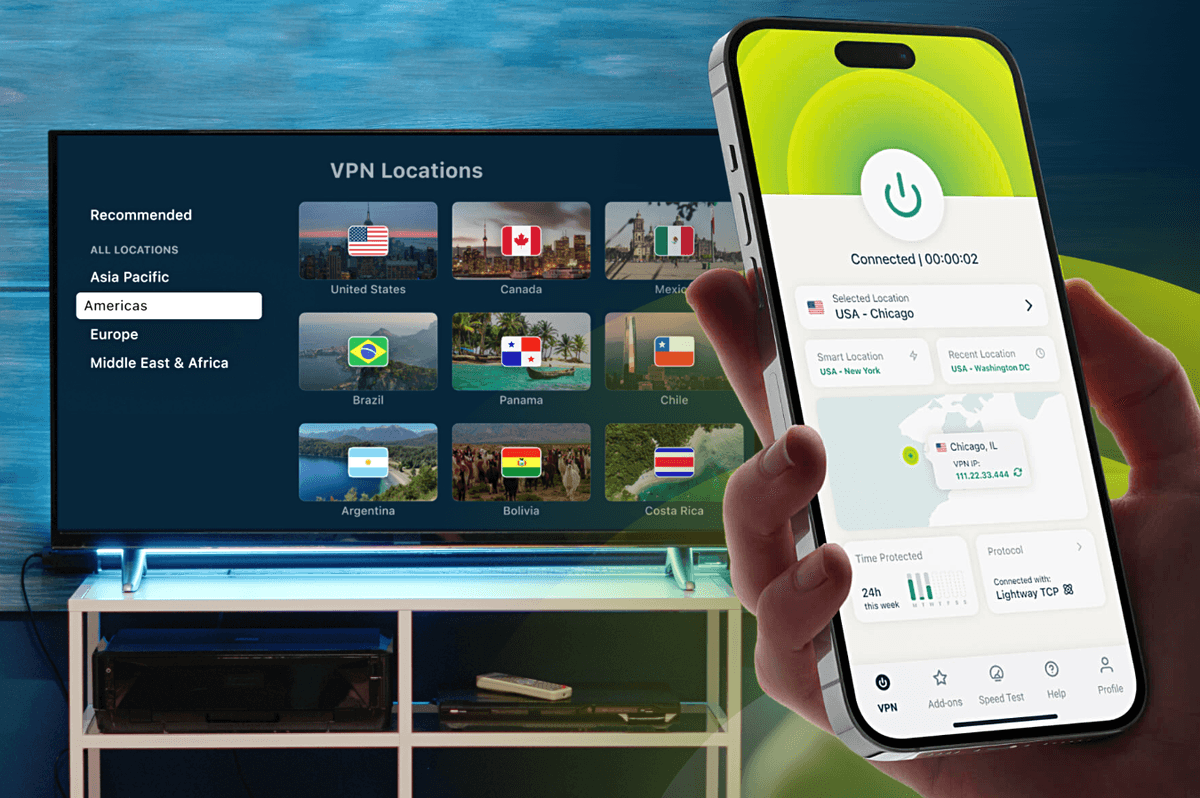 ExpressVPN running on an iPhone with the Smart TV application showing different VPN server locations in the background
