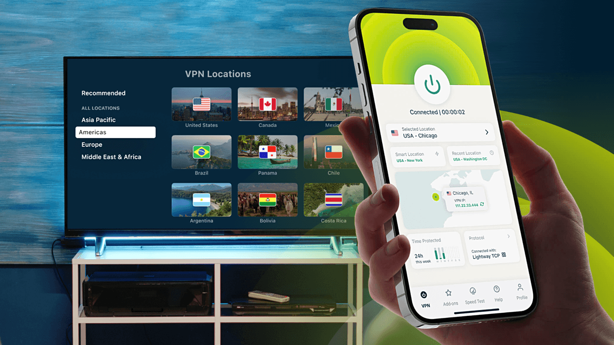 ExpressVPN running on an iPhone with the Smart TV application showing different VPN server locations in the background