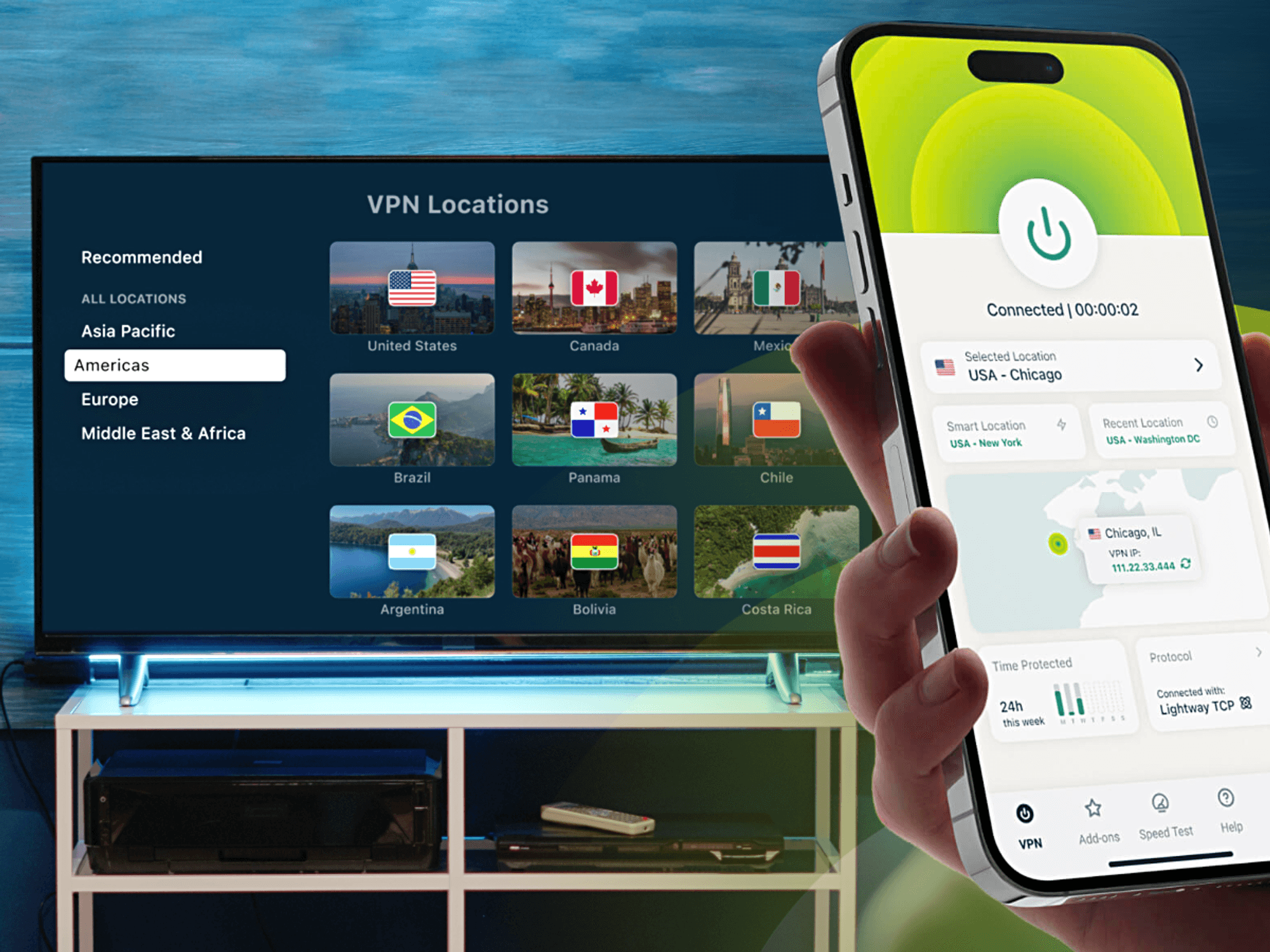 ExpressVPN running on an iPhone with the Smart TV application showing different VPN server locations in the background