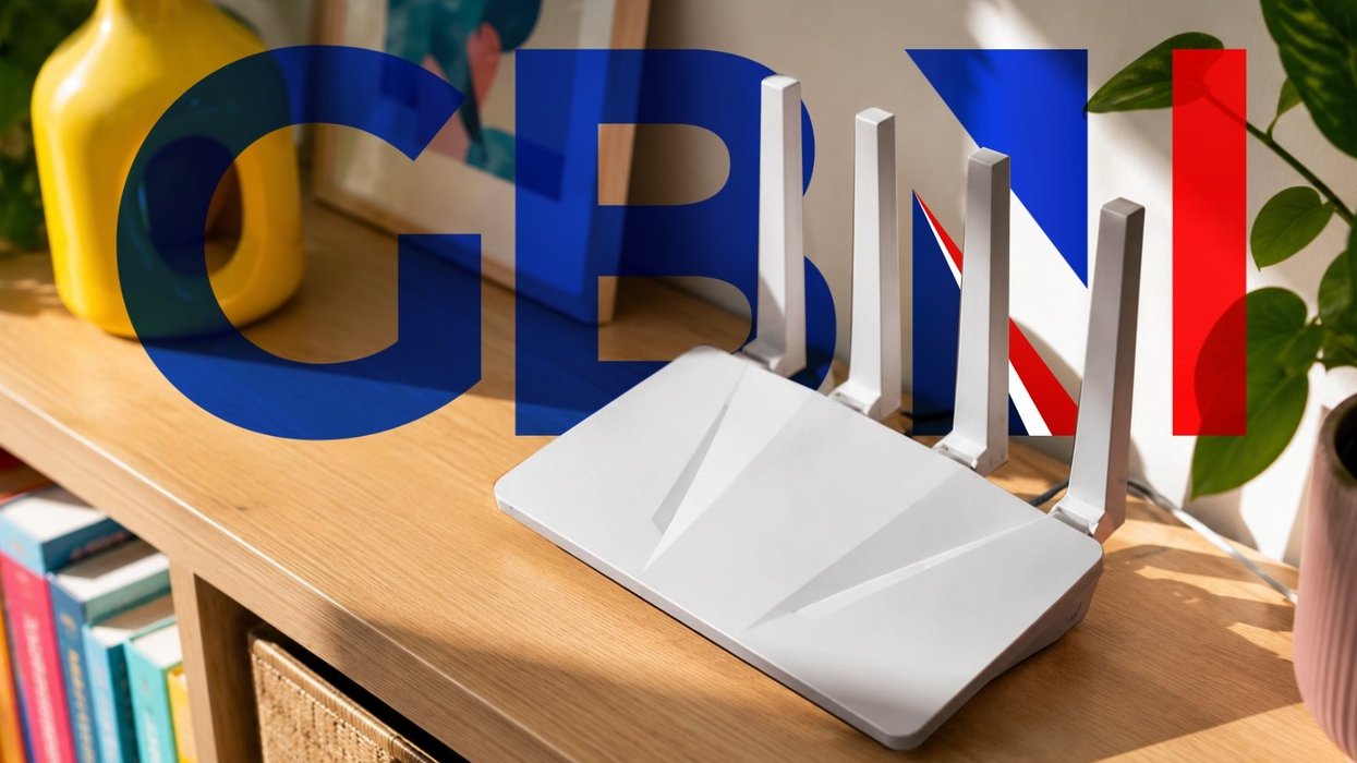 ExpressVPN Wi-Fi router pictured on a shelf with the GB News logo in the background