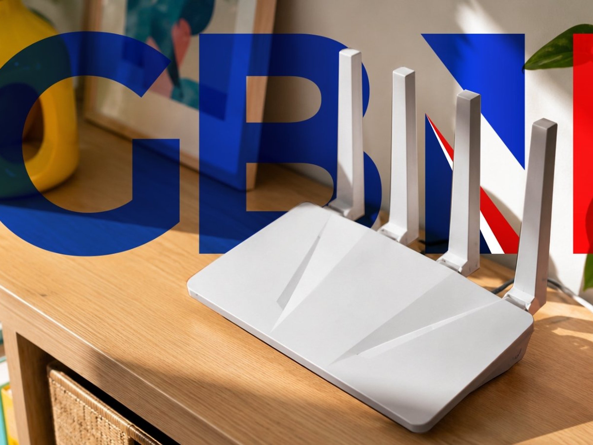 ExpressVPN Wi-Fi router pictured on a shelf with the GB News logo in the background