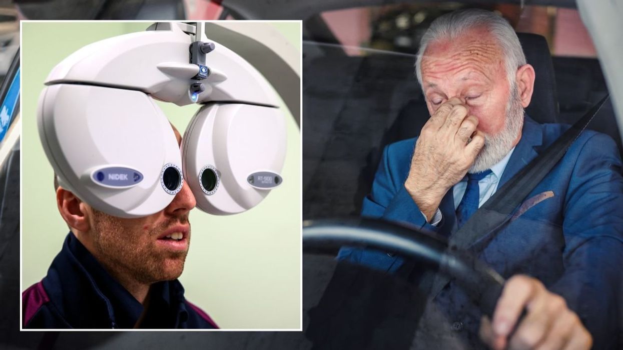 Eye test and an elderly man rubbing his eyes