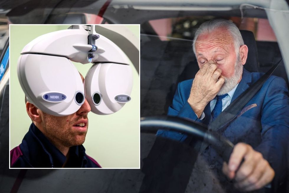 Eye test and an elderly man rubbing his eyes