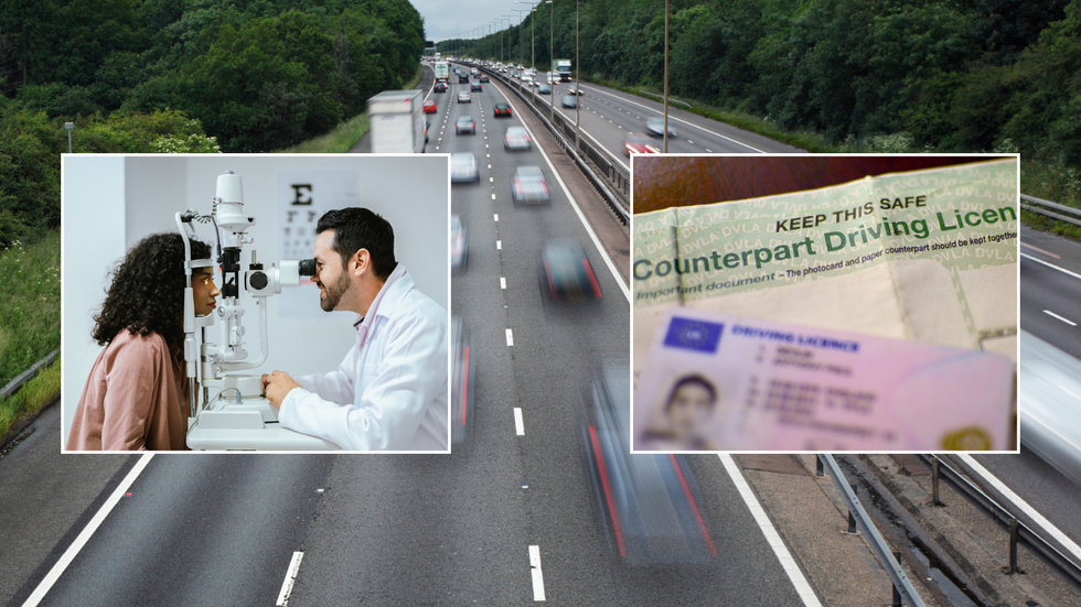 Eyesight test and driving licence on UK road backdrop