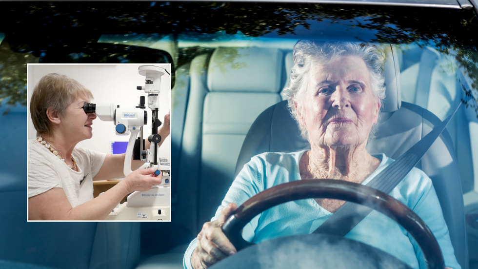 Eyesight test and elderly driver in car