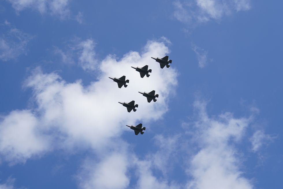 F-35B Lightning II jets during a rehearsal for the official coronation flypast, at RAF College Cranwell, Sleaford, Lincolnshire