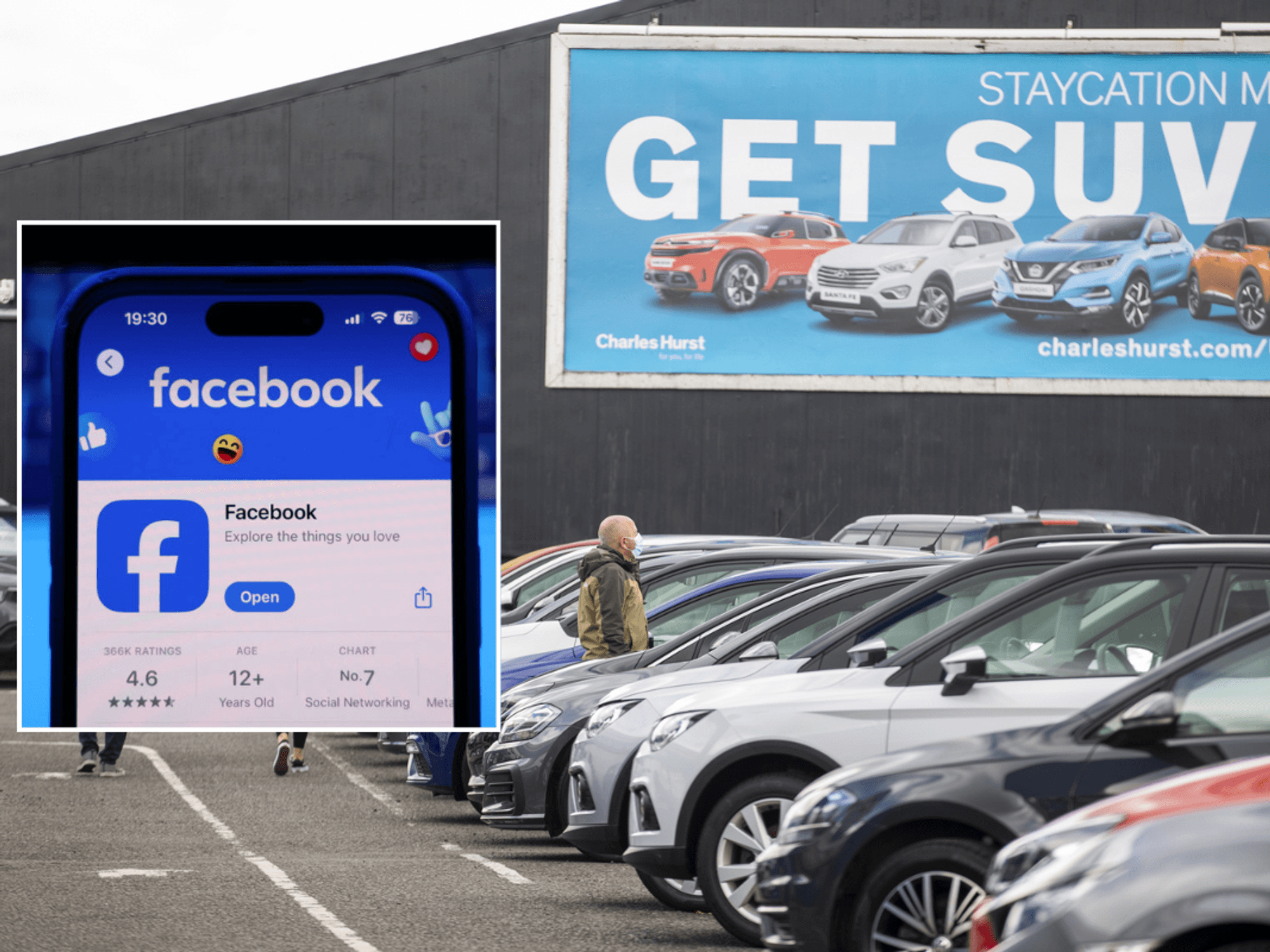 Facebook sign and second-hand car market