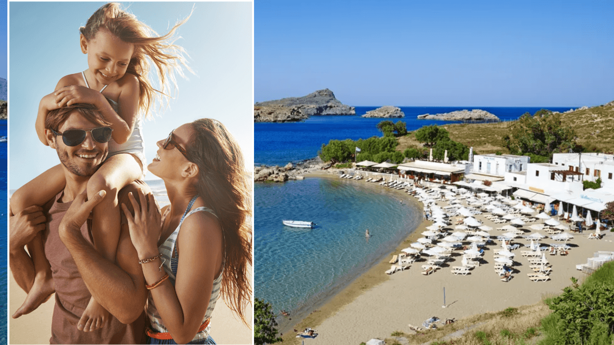 Family at beach / Sunny beach with bright blue sea in Rhodes
