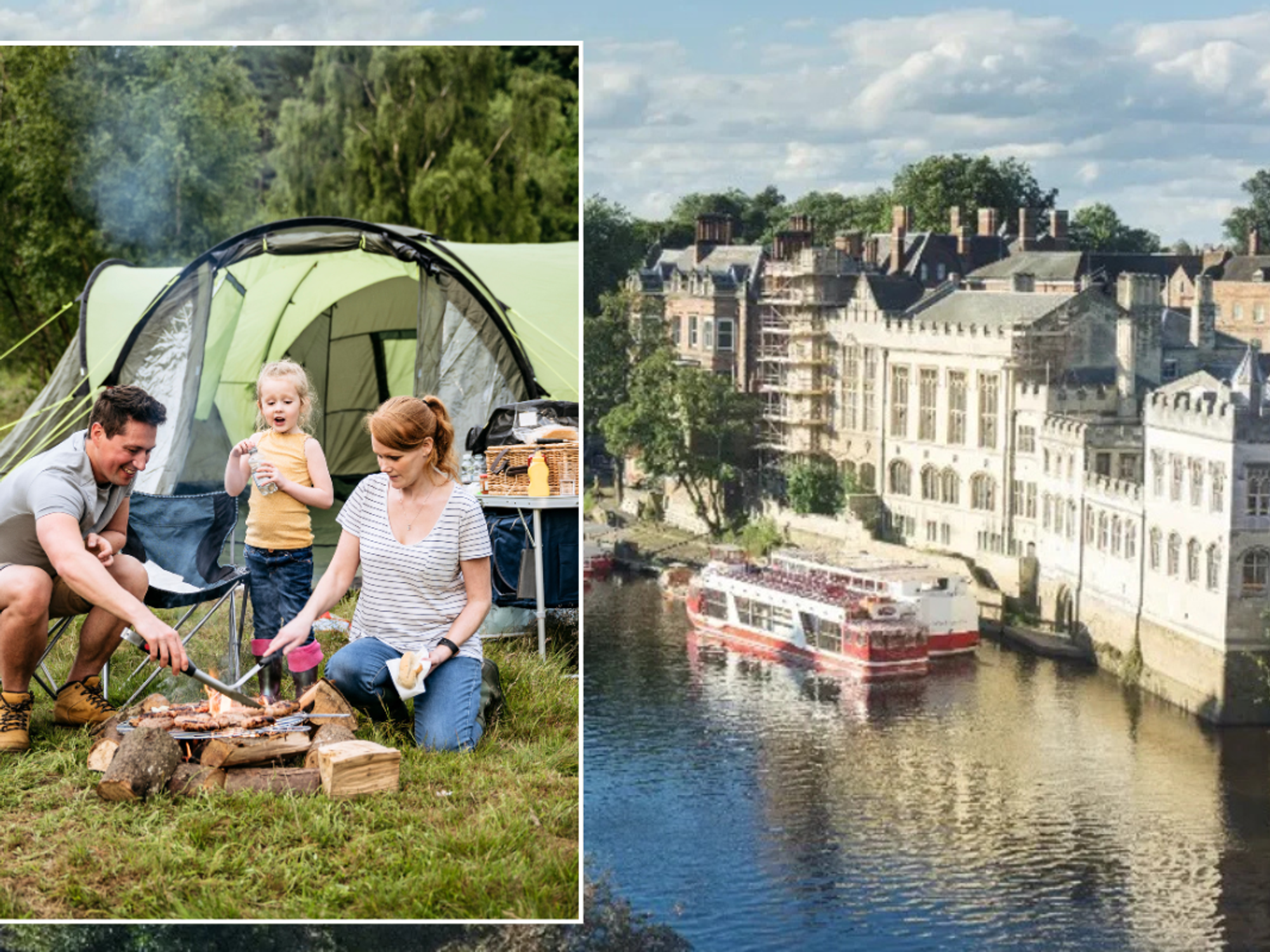 Family camping with tent and log fire / York city