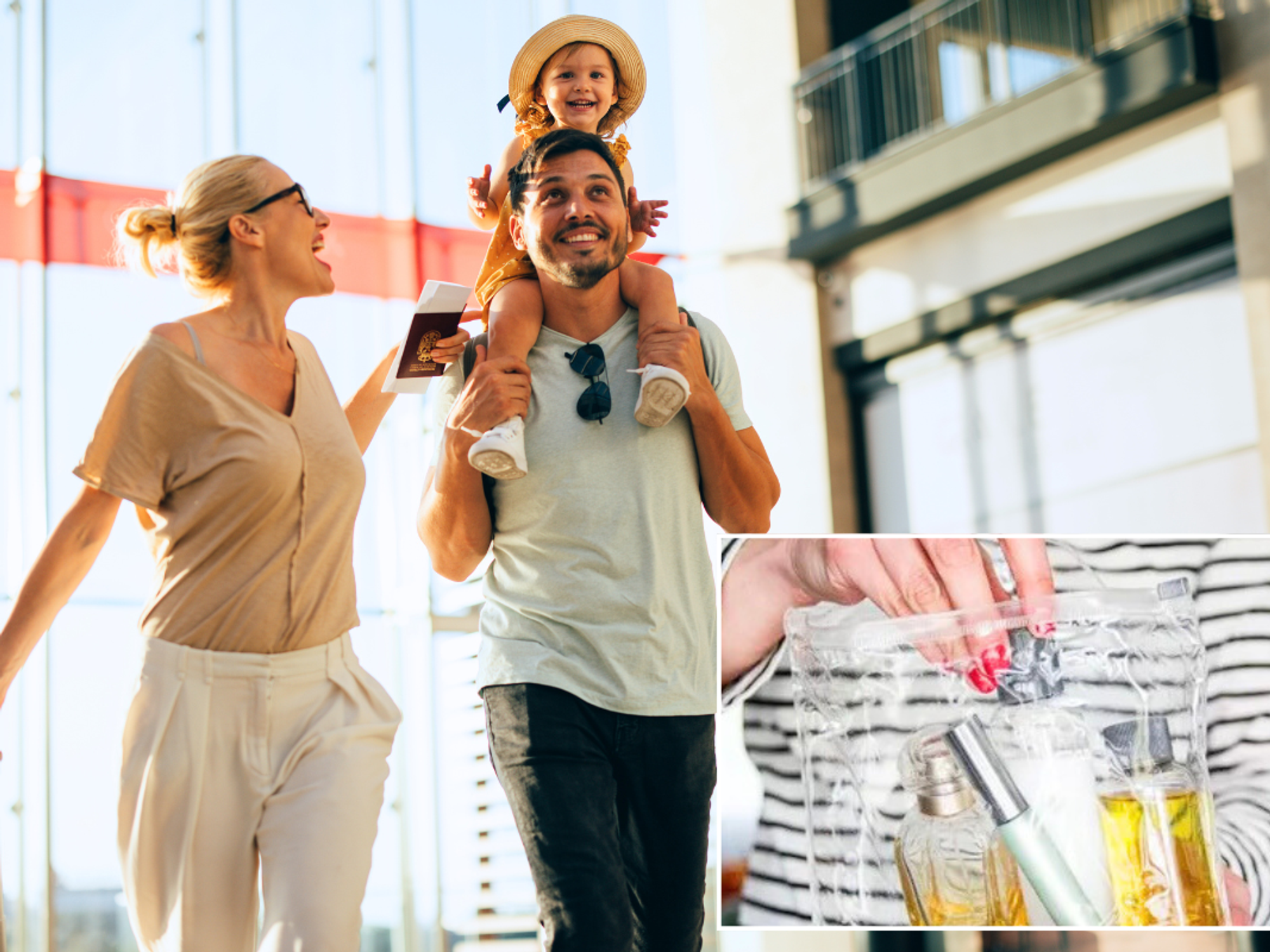 Family excited at airport / person packing liquids bag