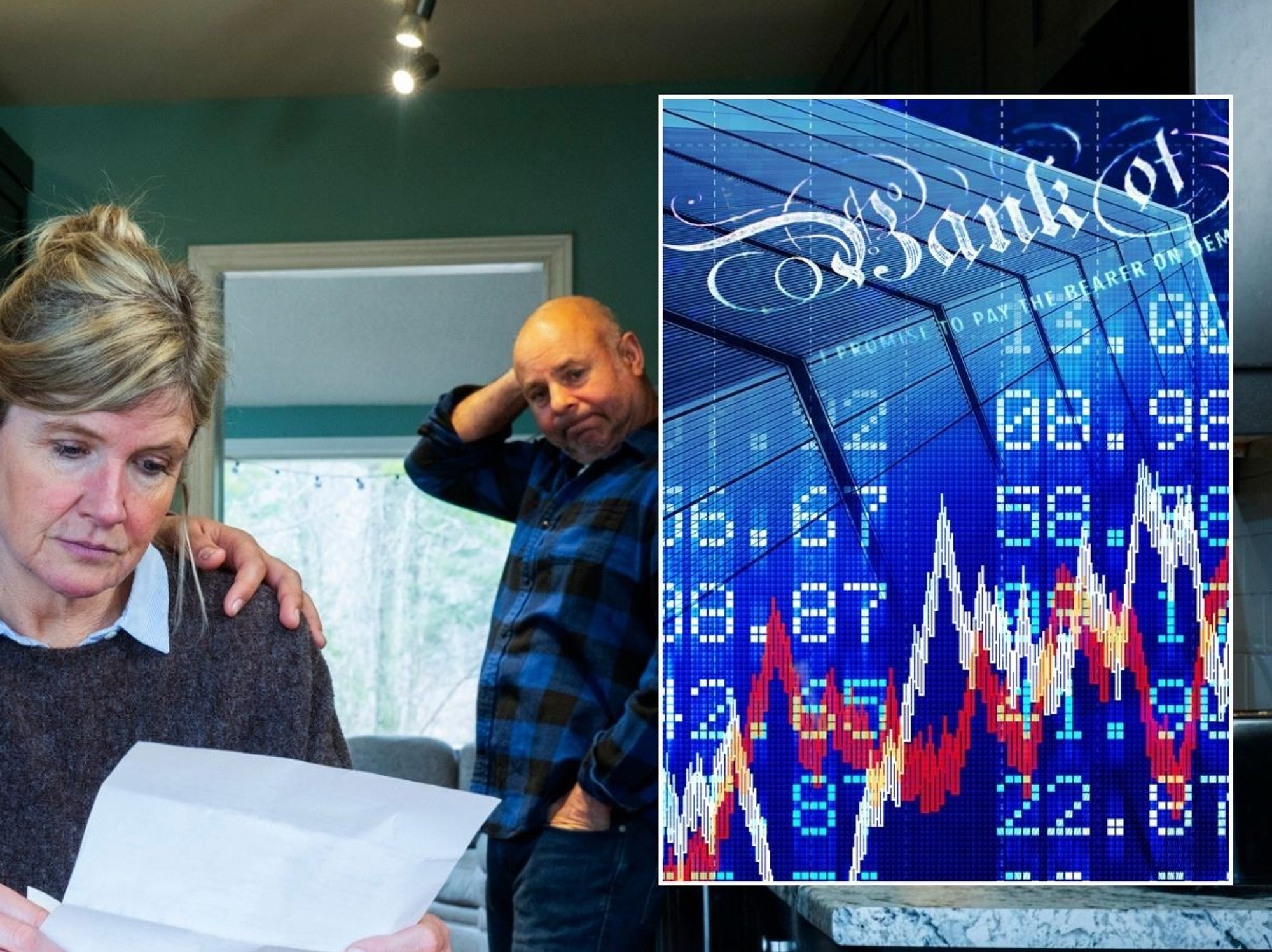 Family looking at bills and Bank of England rate rise