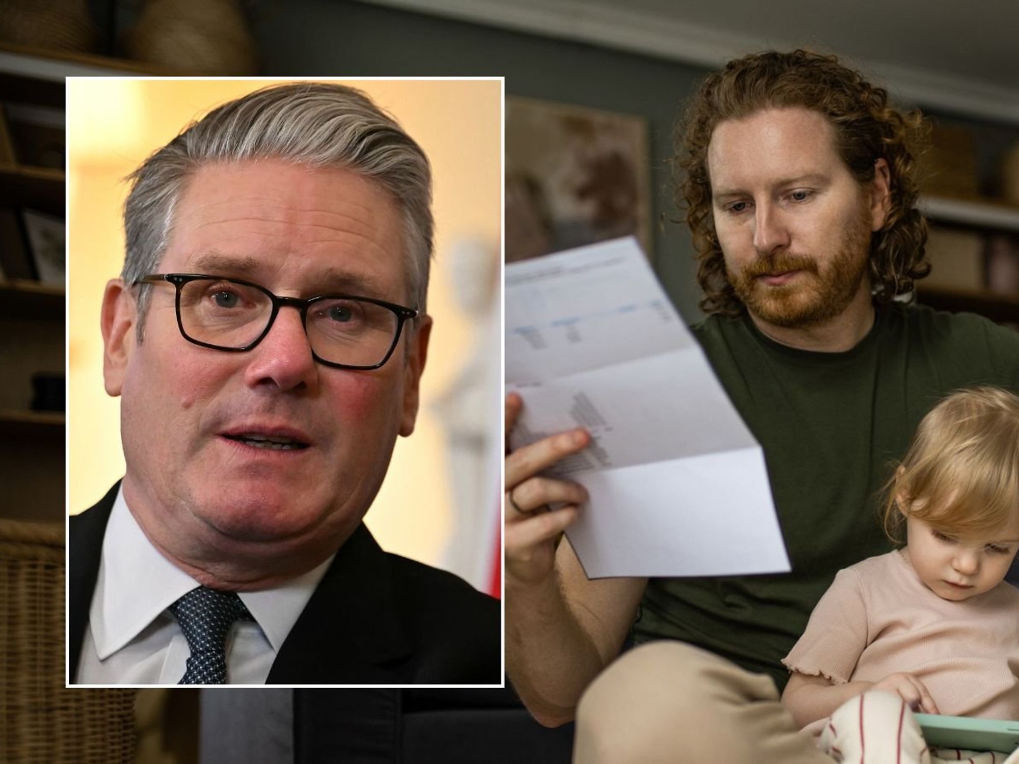 Family looking at letter and Keir Starmer