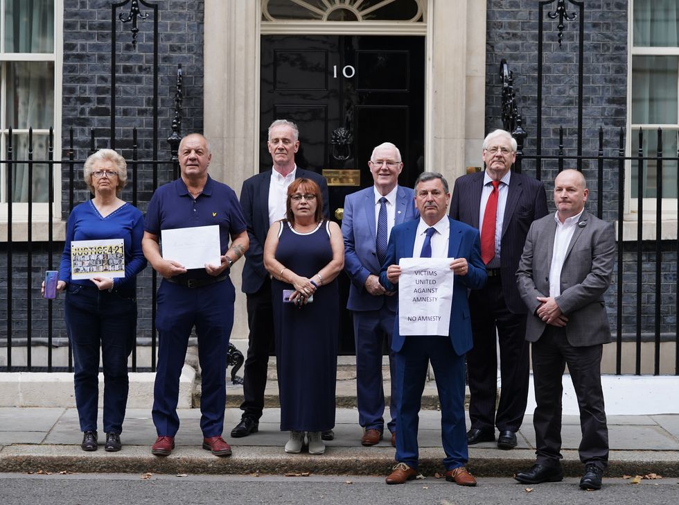 Family of victims from the Northern Ireland Troubles hand in a letter to Downing Street, London, protesting at the Government's planned statute of limitations on future prosecutions for crimes committed during the conflict. Picture date: Monday September 6, 2021.