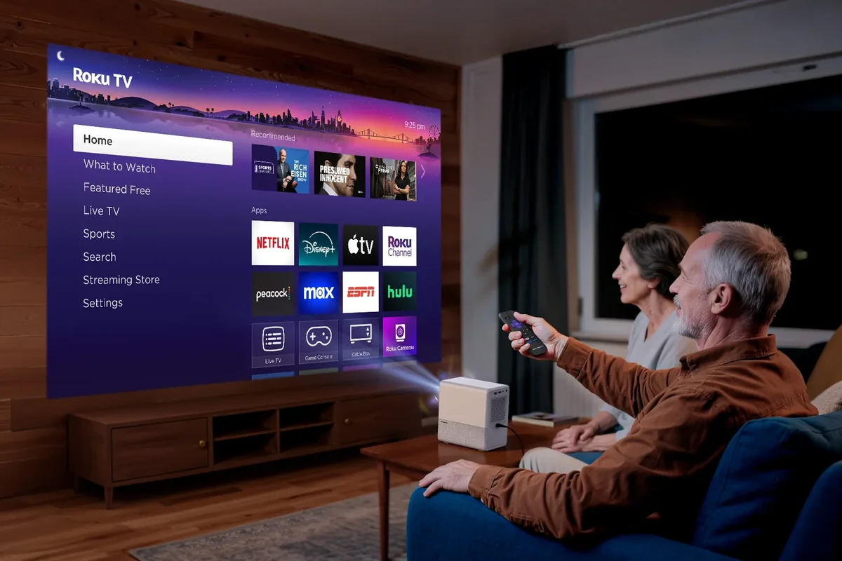 Family sat around watching the Aurzen D1R Cube projector