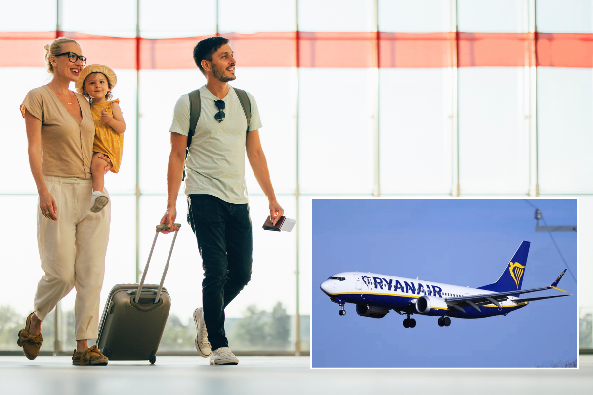 Family walking through airport / Ryanair plane