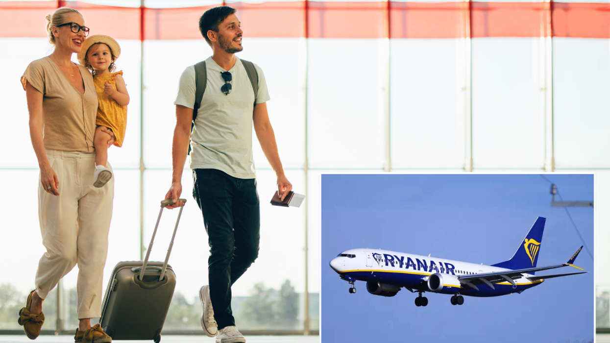 Family walking through airport / Ryanair plane