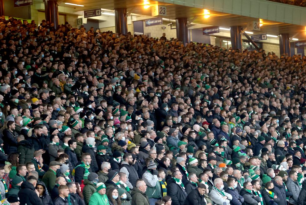 Fans in the stands during the Premier Sports Cup Final at Hampden Park.