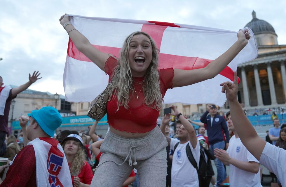 Fans in Trafalgar Square, London, watching the Euro2020 quarter final match between England and the Ukraine. Picture date: Saturday July 3, 2021.