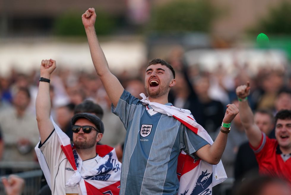 Fans watch the UEFA Euro 2020 Group D match between Czech Republic and England at the 4TheFans fan park in Manchester. Picture date: Tuesday June 22, 2021.