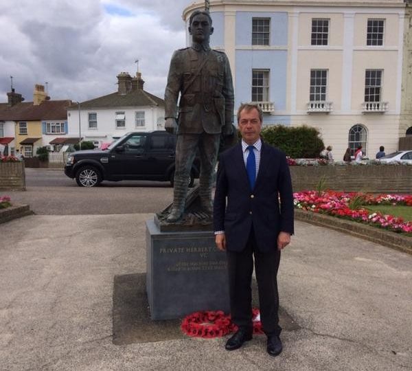 Farage with the statue of Private Columbine