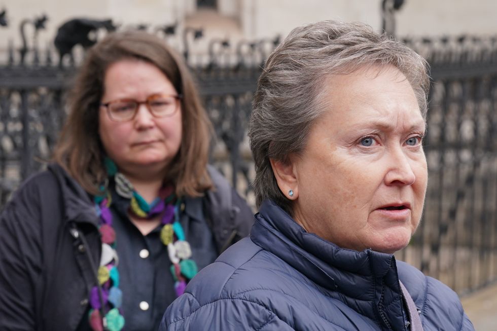 Fay Harris (left) and Cathy Gardner, whose fathers died from Covid-19, speaking outside the Royal Courts of Justice, central London, where judges have ruled Government policies on discharging patients from hospital to care homes at the outset of the pandemic were %22unlawful%22 because they failed to take into account the risk to elderly and vulnerable residents from non-symptomatic transmission of Covid. Picture date: Wednesday April 27, 2022.