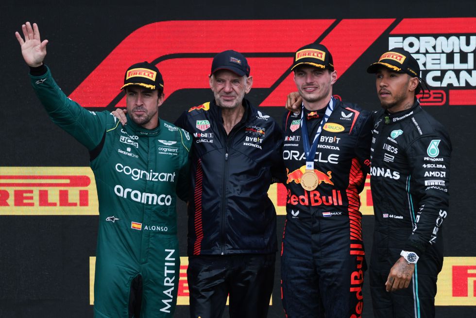 Fernando Alonso, Adrian Newey, Max Verstappen and Lewis Hamilton