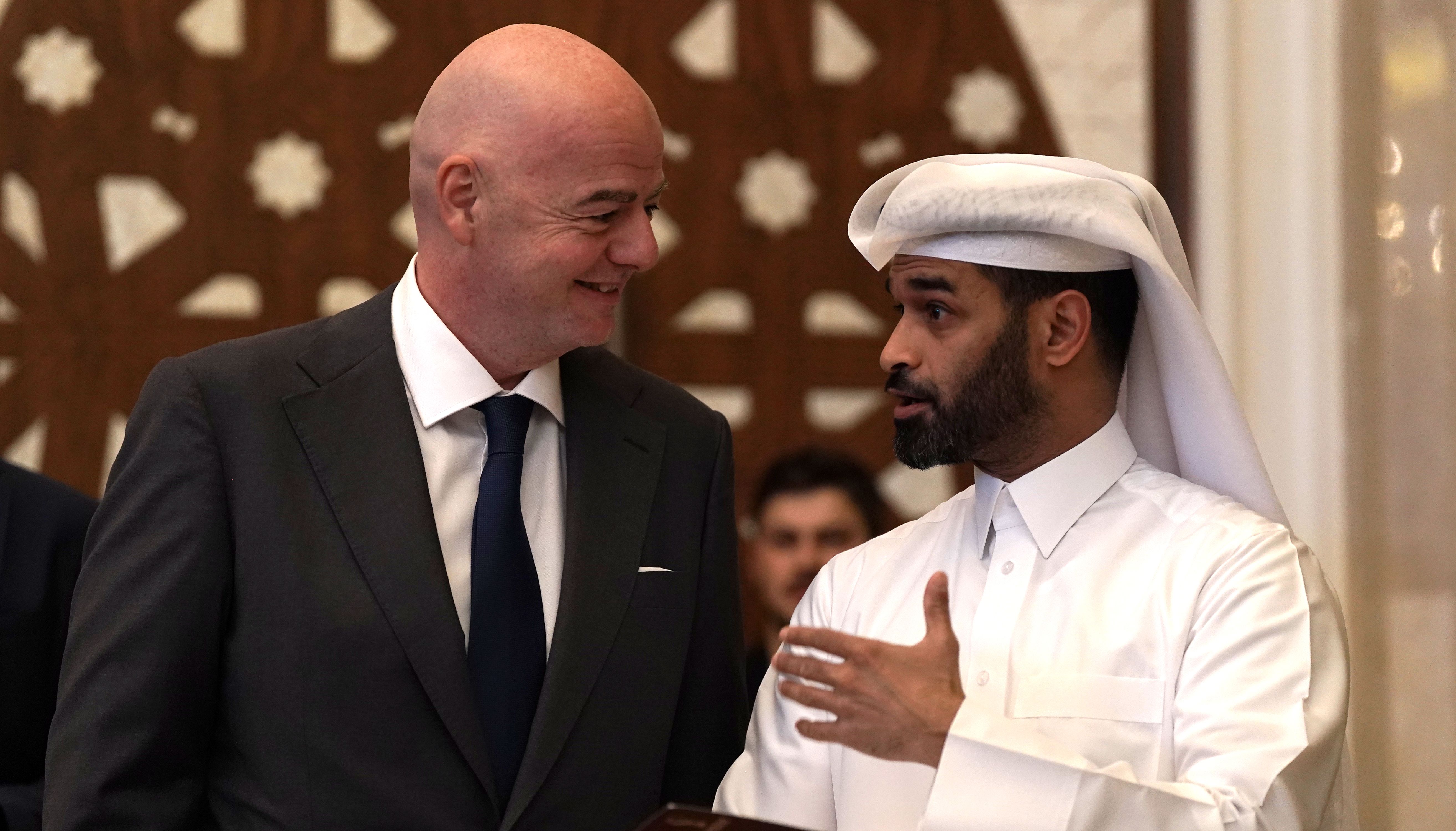 FIFA president Gianni Infantino (left) and Hassan Al Thawadi at a team seminar in Doha, Qatar. Picture date: Friday April 1, 2022.